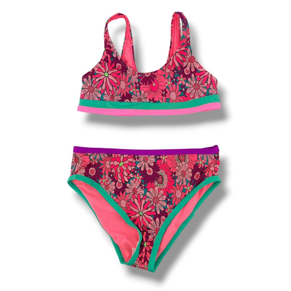 Beach Lingo Kids Mod Retro Colorblock Waistband Floral Bikini 2pc Set Sz 14